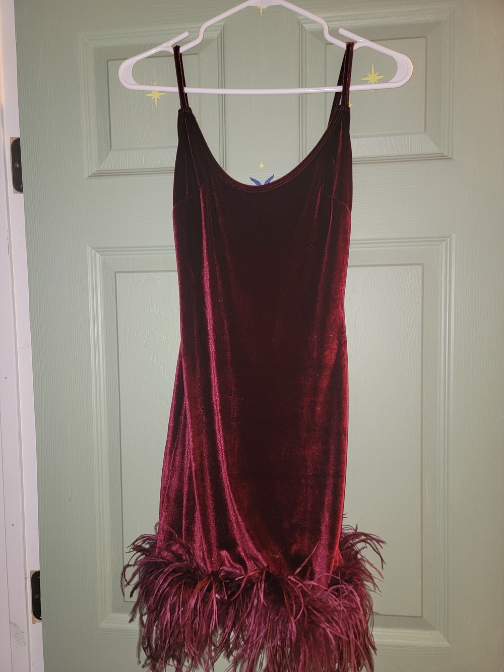 Source Unknown Burgundy Velvet Slip Dress with Feather Hem